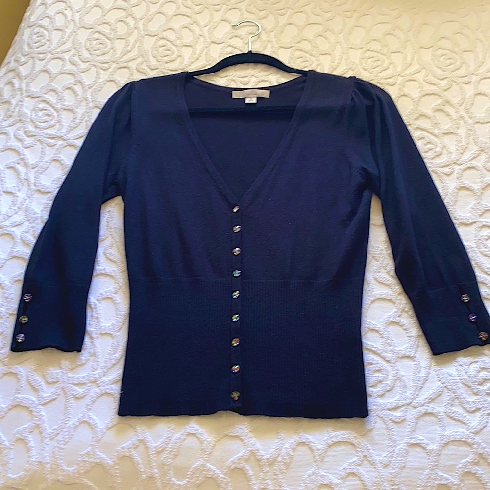 Caslon black V neck button sweater with iridescent buttons. Size M